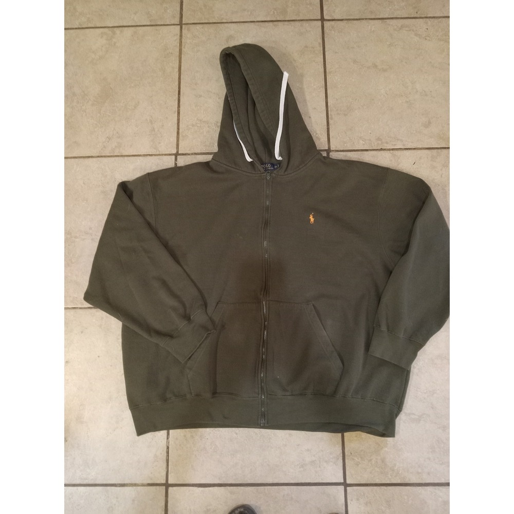 Polo Ralph Lauren Mens 3XL Olive Green Full Zip Fleece Hoodie Orange Pony Logo